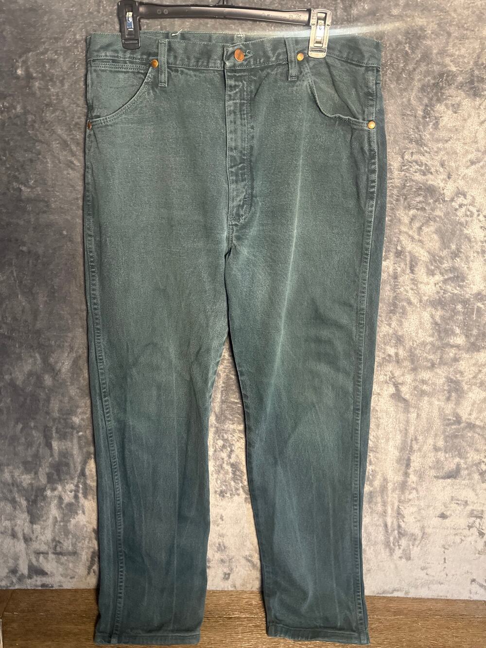 Vtg 90s Wrangler 13MWZKM Green Cowboy Cut Jeans 36x36 Heavyweight Denim Mexico